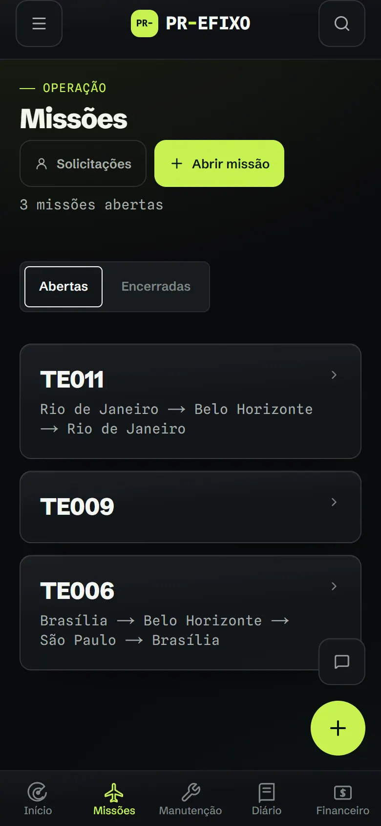 Tela Missões do Prefixo no celular: três missões abertas, duas delas com a rota entre cidades